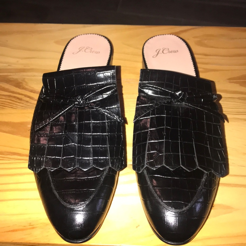 J. Crew Black Croc-Embossed Mules